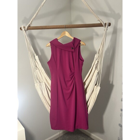 Tahari Asl Draped Neckline Sheath Sleeveless Magenta Midi Dress Women’s Size 8 - Picture 3 of 11
